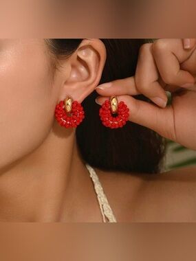 Gold and Red Beaded Hoop Earrings - Women Jewelry